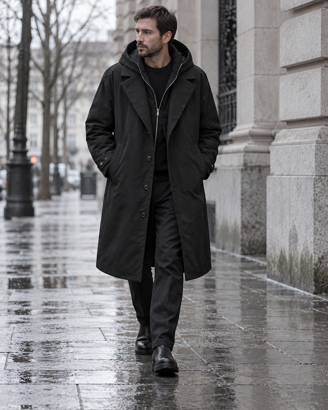 Mann in Parka auf einer winterlichen Straße
