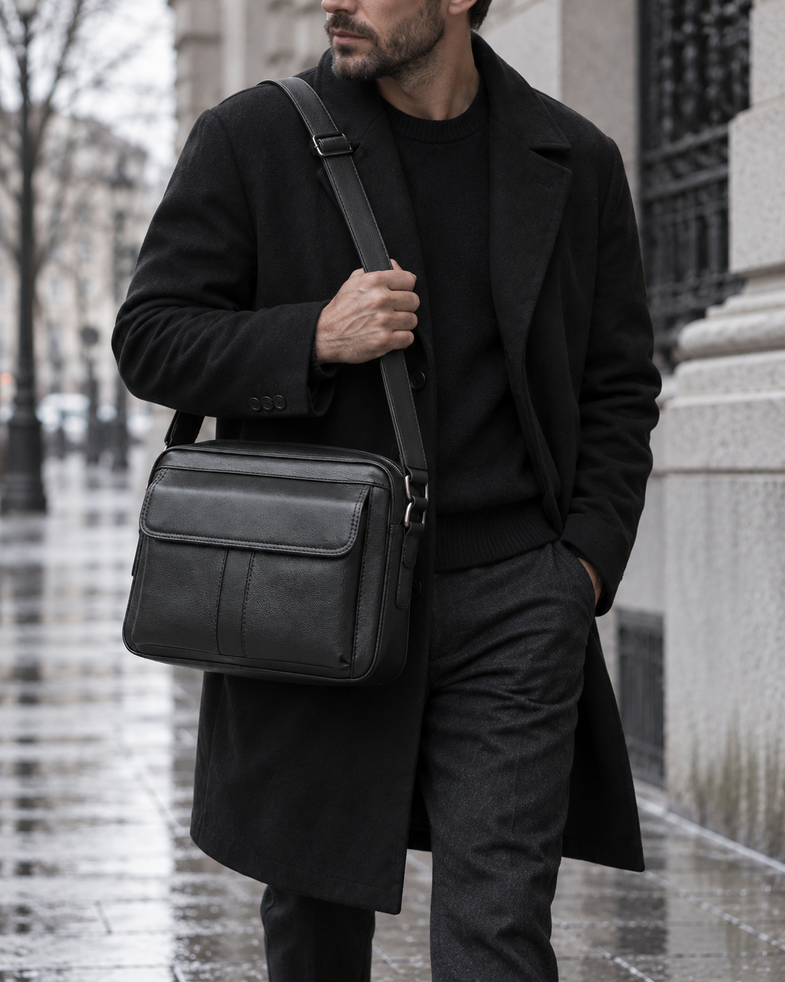 Mann mit Ledertasche über der Schulter